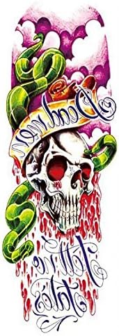 Grashine long last temporary tattoos Full arm skull head with green snake look like real temporary tattoo stickers for adults