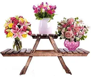 VDIX Vintage Wooden Multipurpose Folding Rack Plant Stand with 3 Decks Living Room Side Stand Wooden Stool Flower Pot Stand Vase Stand Plant Stand for Garden and Outdoors (28 x 12 X 9 cm)