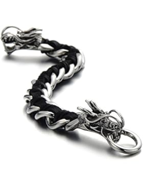 Streifen-design Panzerkette Geflochtenes Leder-Armband Drachen-Armband für Herren aus Edelstahl und Schwarz Echtem...