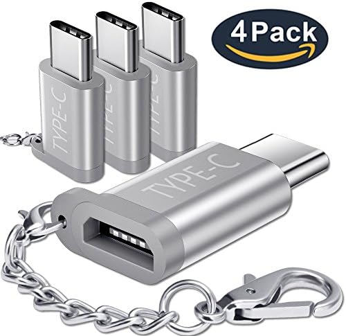 USB C Adapter, Type C Adapter, 4 Pack USB C Connector with Key Chain, Type C Adapter for Samsung Galaxy S8 New Macbook Pixel XL Nexus 5X 6P LG G5 G6 V20 Nintendo Switch and More (Silver)