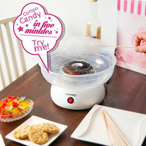Arendo Zuckerwattemaschine | Cotton Candy Maker | Zuckerwattegerät | inklusive Messlöffel und 10 Holzstäbchen | 350 W | Ø 27cm | 2400 RPM | spülmaschinengeeignet (Schale und Spritzschutz) | Ein-/Ausschalter | inkl. Saugfüße für stabilen Stand | weiß - 4