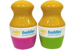 Duo Green Pink Pack Of Solar Buddies Refillable Roll On Sponge Applicator For Kids, Adults, Families, Travel Size Holds 100ml Travel Friendly for Sunscreen, Suncream and Lotions