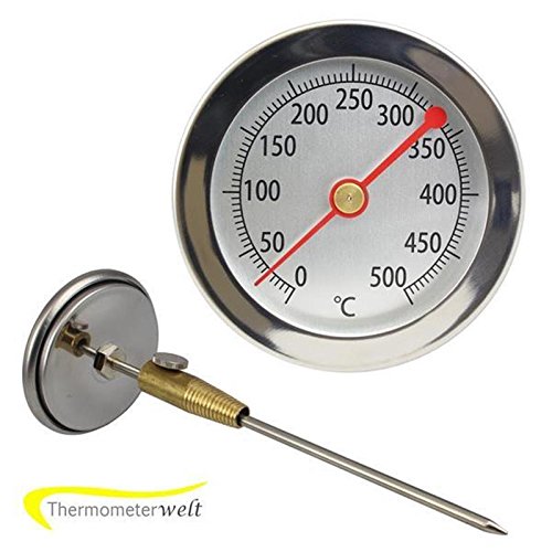 Edelstahl 500 °C Grad Thermometer Wasserdicht mit Messing Konus , Bratofen , Backofen , Pizzaofen , Holzofen , Holzbackofen , Ofenthermometer Analog und Bimetall