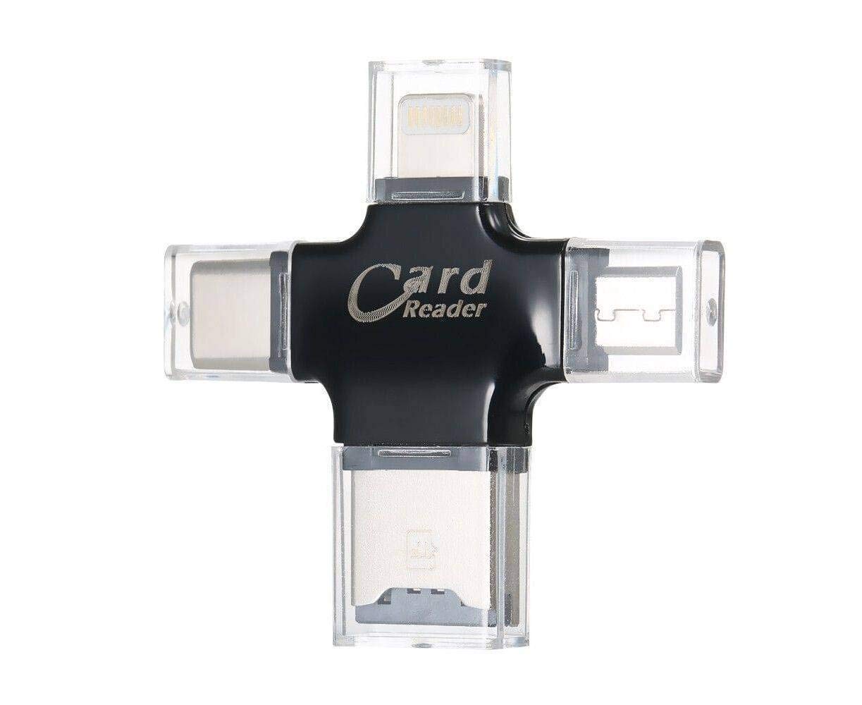 4d® 4 in 1 OTG Card Reader Four Ports : Lightning + Type C + Micro USB + USB Card Reader - Like Iflash, Idisk for iPhone, Ipad, Micro USB, SDHC Lightning Flash Drive Black (3 Months Warranty)