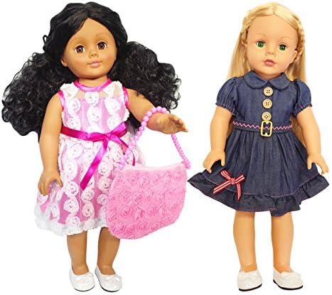 2-Set Doll Clothes Rose Pink Denim Summer Party Dress with Rose Handbag for 16 to 18 Inch Girl Dolls Baby Outfits