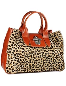 Belli® exclusive ital. Echt Leder Fell Handtasche cognac braun leo - 36x25x18 cm (B x H x T)