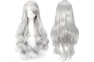 YEESHEDO Srebrno-szara peruka do cosplay dla kobiet, długie, falowane włosy, syntetyczne peruki z grzywką, na Halloween, imprezę, do kostiumu, anime, 70 cm