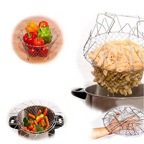 Chef-Kochen, Bratkorb Netz,Edelstahl Faltbare New Küchenhilfe 9.4 x 5.5in Professionell für Easy Fry, Dampf, Spülen, Strain und Lagerung, Kochen Korb - 5