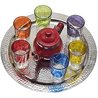 Juego de té modelo moruno de Marruecos, 6 vasos de colores más tetera esmaltada pequeña