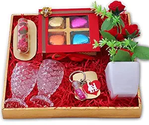 Valentines Gift/Valentines Day Gift for Girlfriend/boy Friend/Valentines Day Gift Hamper-Golden Tray+Chocolate Box+Flower vase+Key Chain+Message Bottle+2 Shot Glasses+Valentines Card