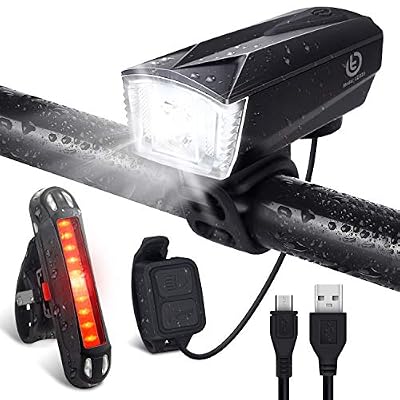 OMERIL Lumière Vélo Rechargeable USB, Lampe Vélo LED Puissante Imperméable IP65 Lumière Arrière 100LM et Lumière Avant 300LM avec Sonnette 120dB Cyclysme VTT, VTC, Bicyclette