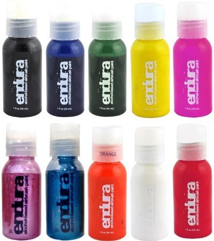 10 Color Endura Airbrush Body Art Paint Set in 1 oz Bottles by European Body Art