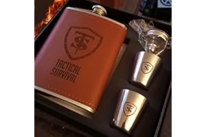TS TACTICAL STORE Pataca 8oz/227ml Cuero marrón con 2 vasos y embudo de Acero inoxidable | Petaca de Whisky, Ron y Vodka para Hombres, Frasco de Licor, 100% a Prueba de Fugas, Petaca de Bolsillo para Viajar | 40124