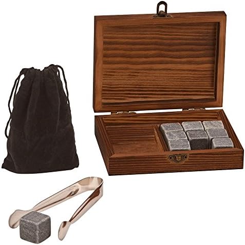 Designio Whiskey stones - premium set of 9 soapstone chilling rocks in a Gift Box with a Free Velvet Bag for refrigerating and Free Stainless Steel Tongs
