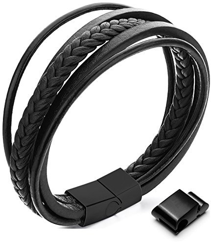OSTAN Herren Armband Schmuck Elegant Gothic Edelstahl und Leder Seil geflochten verstellbare Multi-Strang geflochtene Armbänder Armreif mit Magnetverschluss für Männer – Schwarz, 19.5 + 1.3cm (Schwarz, 21.5 + 1.3cm)