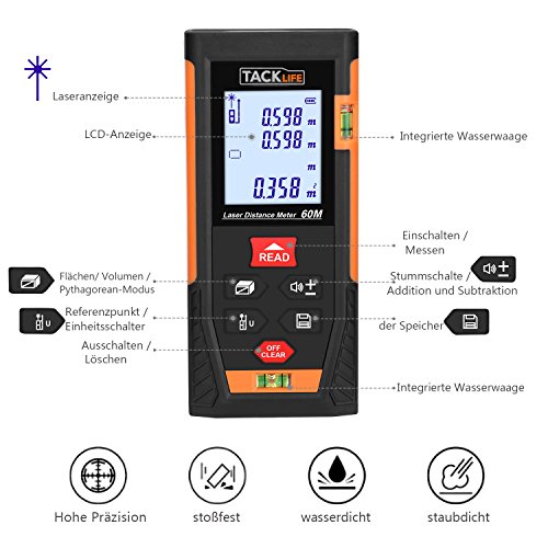 Tacklife HD 60 Klassischer Laser-Entfernungsmesser Distanzmessgerät(Messbreich 0,05~60m/±2mm mit 2 Level Blasen Messeinheit m / in / ft mit Hintergrundbeleuchtung ) Ein Ideales Geschenk für Vatertag - 2