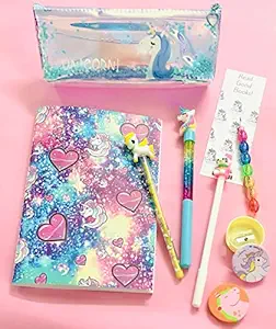 LE DELITE Unicorn Stationary Combo Gift for Girls Kids - Water Glitter Pouch , Lava Pen , Pencil ,Eraser , Bookmark /Stationary Set Diary for School , Kitty Multicolor Stylish Pen / Gift Set