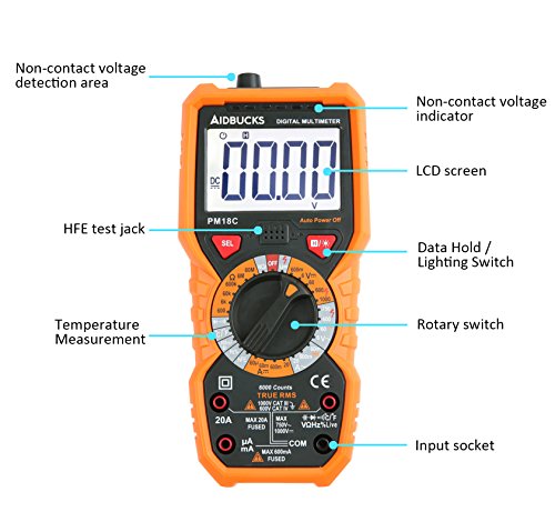 Multimeter Janisa PM18C Digital multimeter cat iii Messgeraete Voltmeter Amperemeter Ohmmeter Messgerät für Spannug Strom Widerstand Digitales AC DC Kapazität Frequenz sowie Kapazitanz berührungslose Spannungs- und Temperaturmessung mit groß LCD anwendbar - 3
