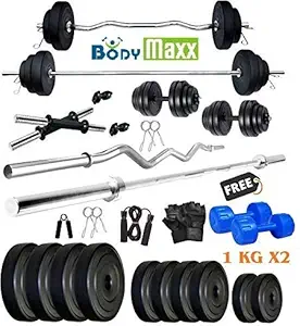 BODY MAXX PVC Weight Plates, 5 and 3 ft Rod, 2 D. Rods Home Gym Equipment Dumbbell Set (Black, 10 Kg)