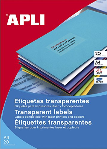 Apli 1225 - Etiquetas transparentes para impresoras l ser y fotocopiadoras 210 x 297 mm 20 hojas Apli 1225 - Etiquetas transparentes para impresoras l ser y fotocopiadoras 210 x 297 mm 20 hojas
