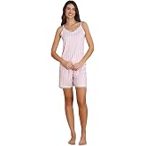 Women's Milan Fabric Summer Pajama Set with Pink Striped Rope Strap Shorts