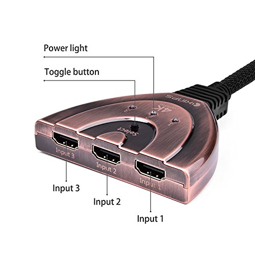 4K HDMI Switch, Ultra HD 3 In 1 Out HDMI Switcher Splitter with High Speed Nylon Braided Cable(4K*2K 3840×2160 24Hz/30Hz Video Supported) for 4K HDTV,XBOX ONE,XBOX 360,PS4,laptop. - 2