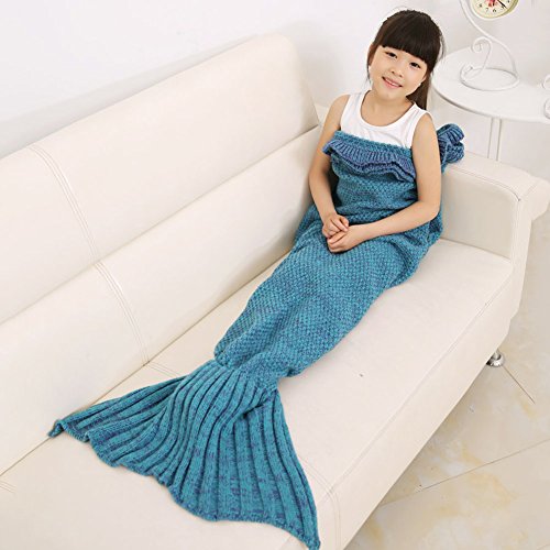 LIVEHITOP Mädchen Häkeln Meerjungfrau Schwanz Decke Gestrickte Schlafsack für Kinder Teenager Mädchen, All Seasons Fischschwanz Decken Sofa Quilt Perfekt Geschenk 140x70cm / 55.1 "x 27.6" (Blau)
