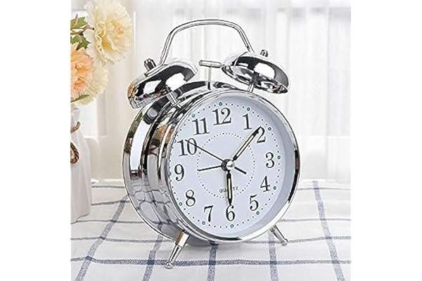 Buqaro Alloy Steel, Glass Twin Bell Edition Vintage Look With Night Led Display Table Alarm Clock ((Silver)) - Digital, 3.15 X 1.5 Inch