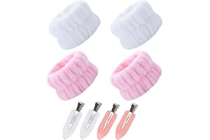 PLABBDPL 4 Pcs flanella face wash braccialetti con 4 fermagli capelli, sweat-wiping braccialetti, assorbenti braccialetti, polsini spugna per skincare (bianco, rosa)