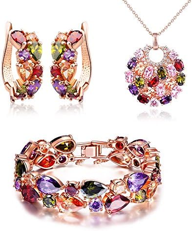 SILYHEART Multicolor Zircon Pendant Necklace Bracelet Earrings Fashion Bridal Jewelry Set