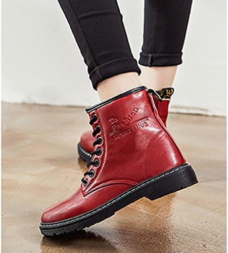 Women Martin Short Boots Locomotive Leather Flat Heel Warm Casual Shoelace Ankle Shoes . Red . 37