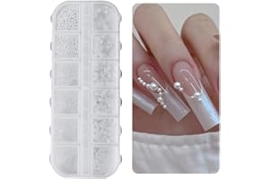 RISVOWO Nail Art Strasssteine 1 Schachtel, Nail Charms, 12 Typen Weiße Perlen Für Nägel, Flatback Rhinestones, Klein Edelstahl-Perlen, Nagel Deko, Nagel Zubehör