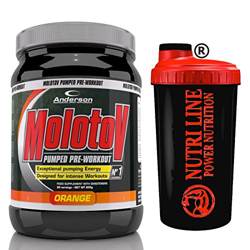 Anderson Molotov PUMPED PRE-WORKOUT 600g Arancia + Shaker Potente Pre Allenamento con Arginina Beta Alanina Glutammina HMB Taurina Creatina Zinco Tirosina Caffeina Aminoacidi Ramificati BCAA Vitamine