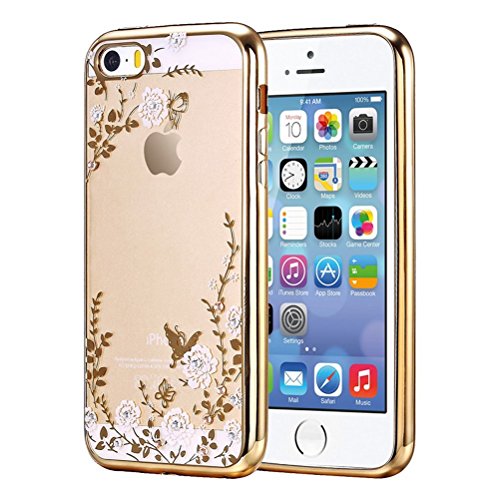 iPhone SE/5S/5 Hülle [Mit Frei HD Schutzfolie],CaseHome Weiße Blumen-Entwurf Ultradünnen TPU Fall [Geheimer Garten] Schmetterling Schutzhülle Kristall Löschen Bling Vergoldet Glitter transparent Silikon Tasche für iPhone SE/5S/5 - 2