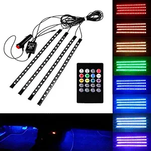 Automaze 4pc 72 LED DC 12V Multicolour Music Car Strip Atmosphere Lamp Light For Car Interior Under Dash Lighting Kit with Sound Active Function and Wireless Remote Control