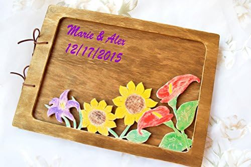 Wood Guest Book Personalized Wood Book Wedding Photo Album Guest Registry Book Flower Carved Travel Sketchbook Honeymoon Rustic Floral Guestbook Bridal Shower Gift