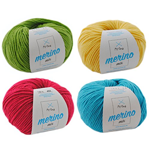 Merinowolle stricken * Wollmix Farbenfroh S * Bunte Wolle zum Stricken - Strickgarn Merino Mix 4 Knäuel + GRATIS MyOma Label - 50g/120m - MyOma Wolle - weiche Wolle – Wolle Mix zum häkeln - Mischgarn