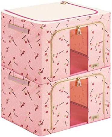Rollsnownow Pink Cherry Pattern 2 Pcs Oxford Cloth Storage Box Storage Of Quilts Toy Box Set The Finishing Box Reinforced Steel Frame Support (50 * 40 * 33cm)