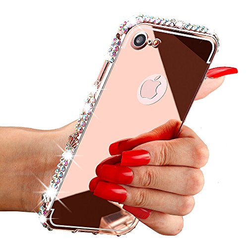 Iphone 7 Detachable Case, [2-IN-1] Happy360 Luxury 3D Bling Diamond Mirror case+Aluminum Metal Frame Bumper Hard PC Ultra-Thin Frame Case for Iphone 7, Rose Gold with Bling Frame