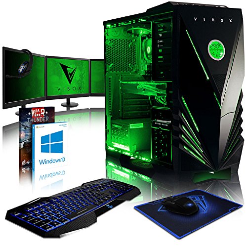 VIBOX Killstreak RLR780-204 Komplett-PC Paket Gaming PC - 4,0GHz AMD Ryzen 1800X 8-Core CPU, RX 480 GPU, VR Ready, Desktop Gamer Computer mit Spielgutschein, 3x Dreifach 22" Monitor, Gamer Tastatur & Mouse, Windows 10, Grün Innenbeleuchtung, lebenslange Garantie* (3,6GHz (4,0GHz Turbo) AMD Ryzen 7-1800X Octa 8-Core Prozessor CPU, AMD Radeon RX 480 4GB Grafikkarte, 16GB DDR4 2133MHz RAM, 480GB SSD, 2TB Festplatte, Arctic Freezer CPU Kühler, 600W 85+ Netzteil, F3 Grün Gehäuse, AM4 Mainboard)