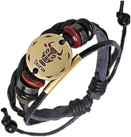 Jiedeng Unisex Leather Bracelet Alloy Genuine Leather Adjustable Bracelet Multi-layer Wrap Handmade Braided Wrist Cuff Band Bracelet with Taurus Surfer Wristband Wrap Bracelet for Men/Women Black Gold