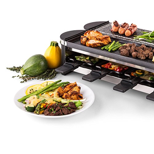 Klarstein Tenderloin 50/50 Raclette Tischgrill (1200 Watt, 8 Personen, 360°-Basis, Grillplatte, heißer Stein) schwarz-silber - 6