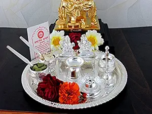 GoldGiftIdeas 8 Inch Prarthna Special Silver Plated Pooja Thali Set, Pooja Thali Decorative, Gift, Diwali Pooja Thali Set, Luxury Festive Gift,