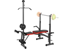 EIGFOH Banco de Pesas Multifuncional Banco de Musculación Plegable, Banco Abdominales Respaldo Ajustable Soporte de Barras con Entrenador de Polea, Banco Musculación Gym en Casa