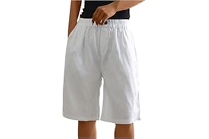 YOLIMOK Womens Shorts Plus Size Knee Length Wide Leg Bermuda Shorts Comfy Cotton Linen Elasticated High Waist Stretch Ladies Culottes Summer Solid Shorts with Pockets Yoga Sports Active Shorts