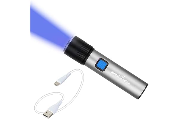 amiciVision 365nm UV Flashlight - Rechargeable Ultraviolet Black Light with 4-Modes, Check Official Document Authenticity, Gemstone Observation, Germ Detection, etc.