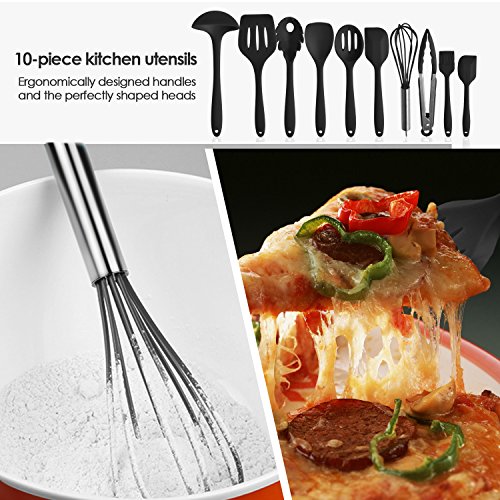 10 Küchenutensilien aus Silikon Sets, Home cookingtools enthält Backen Spoonula, Pinsel, Schneebesen, klein und groß Pfannenwender, Schöpflöffel, Schlitz Turner & Löffel, Zange, Pasta Gabel (Schwarz) - 6