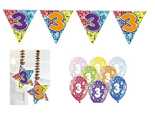 Partydeko Set 3.Geburtstag Kindergeburtstag 9 teilig Mädchen Junge Girlande Luftballon