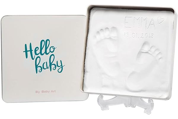 Baby Art Magic Box carrée, Kit empreintes pieds et mains bébé dans boite métal carrée, cadeau de naissance bébé, cadeau nouveau né, cadeau baptème, coloris Essentiel