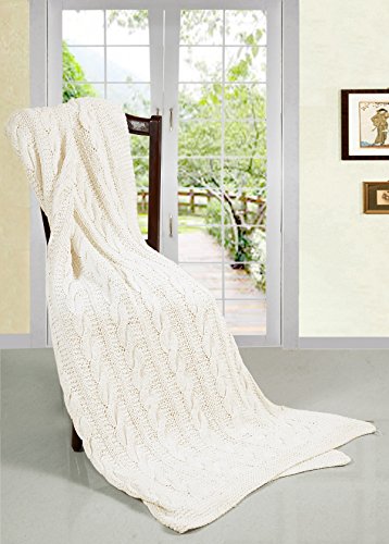 EHC Super Chunky Hand Knitted Cotton Blanket Throw,Cream, Double